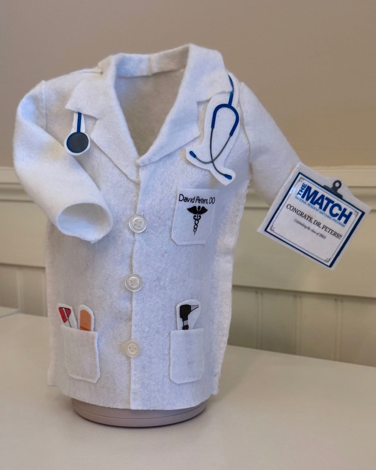 Personalized White Coat Wine Cover Celebratory Gift - Designs by Smiley