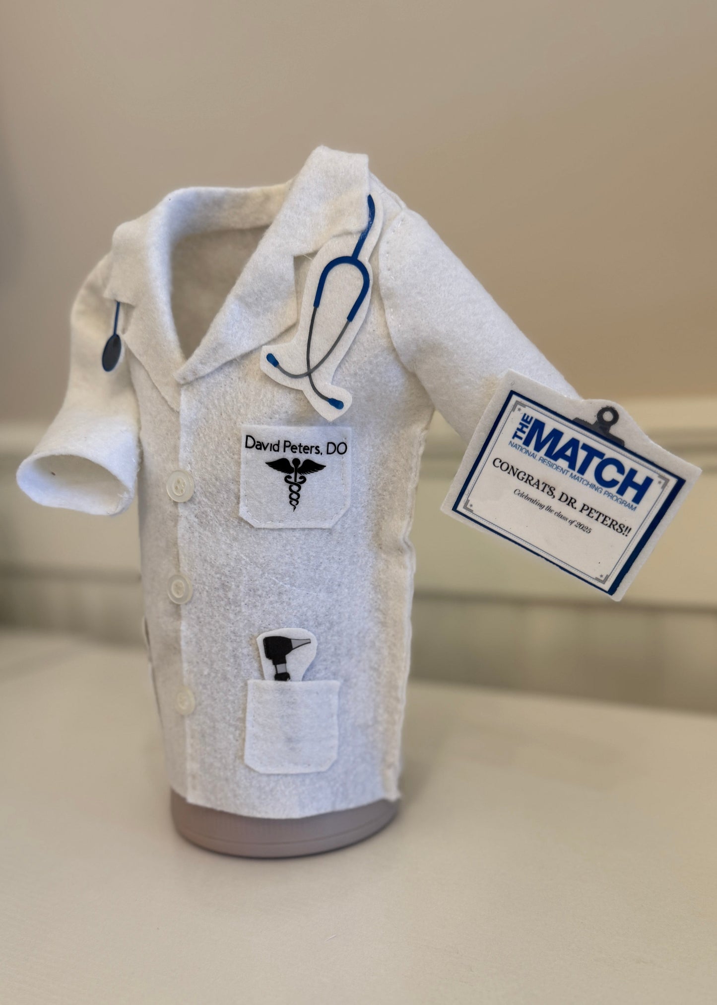Personalized White Coat Wine Cover Celebratory Gift - Designs by Smiley