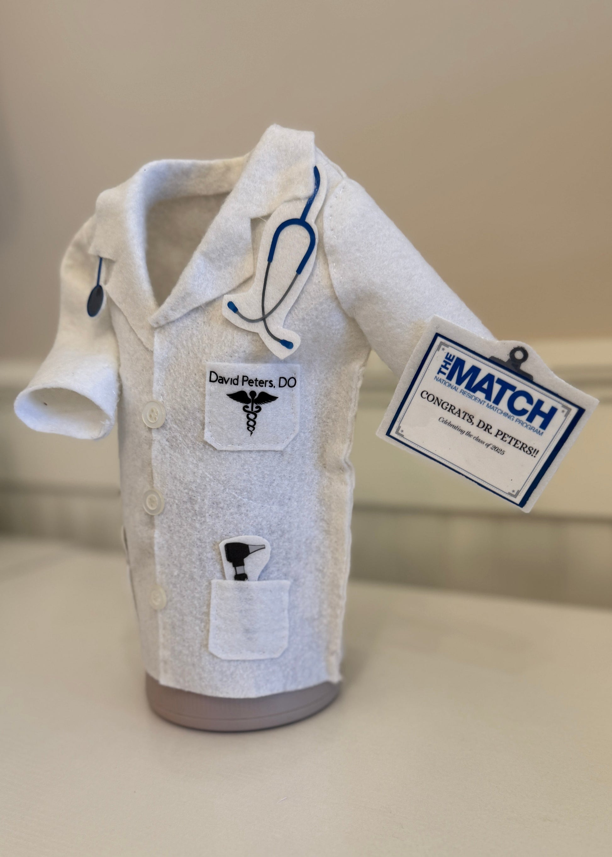 Personalized White Coat Wine Cover Celebratory Gift - Designs by Smiley