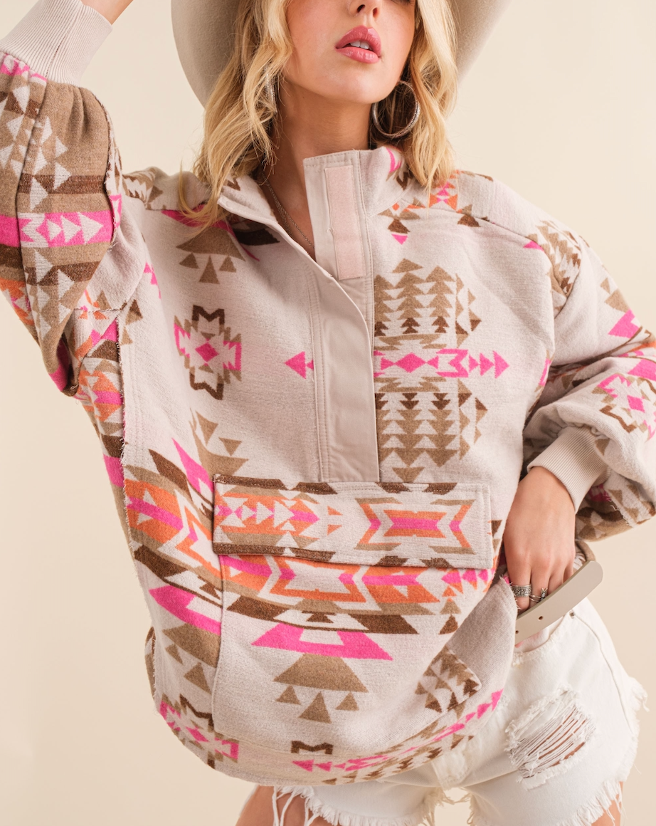 Pink & Neutral Colored Aztec Pullover