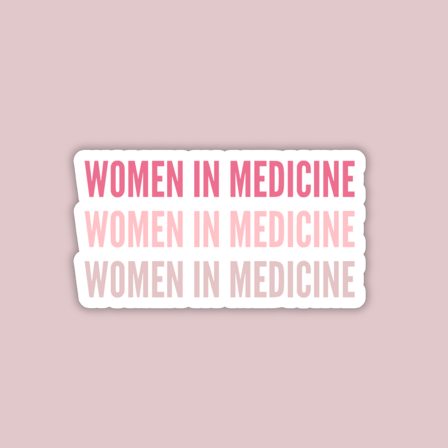 Three 'WOMEN IN MEDICINE' stickers on a pink background