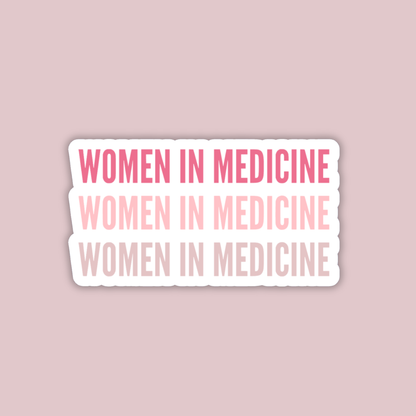Three 'WOMEN IN MEDICINE' stickers on a pink background