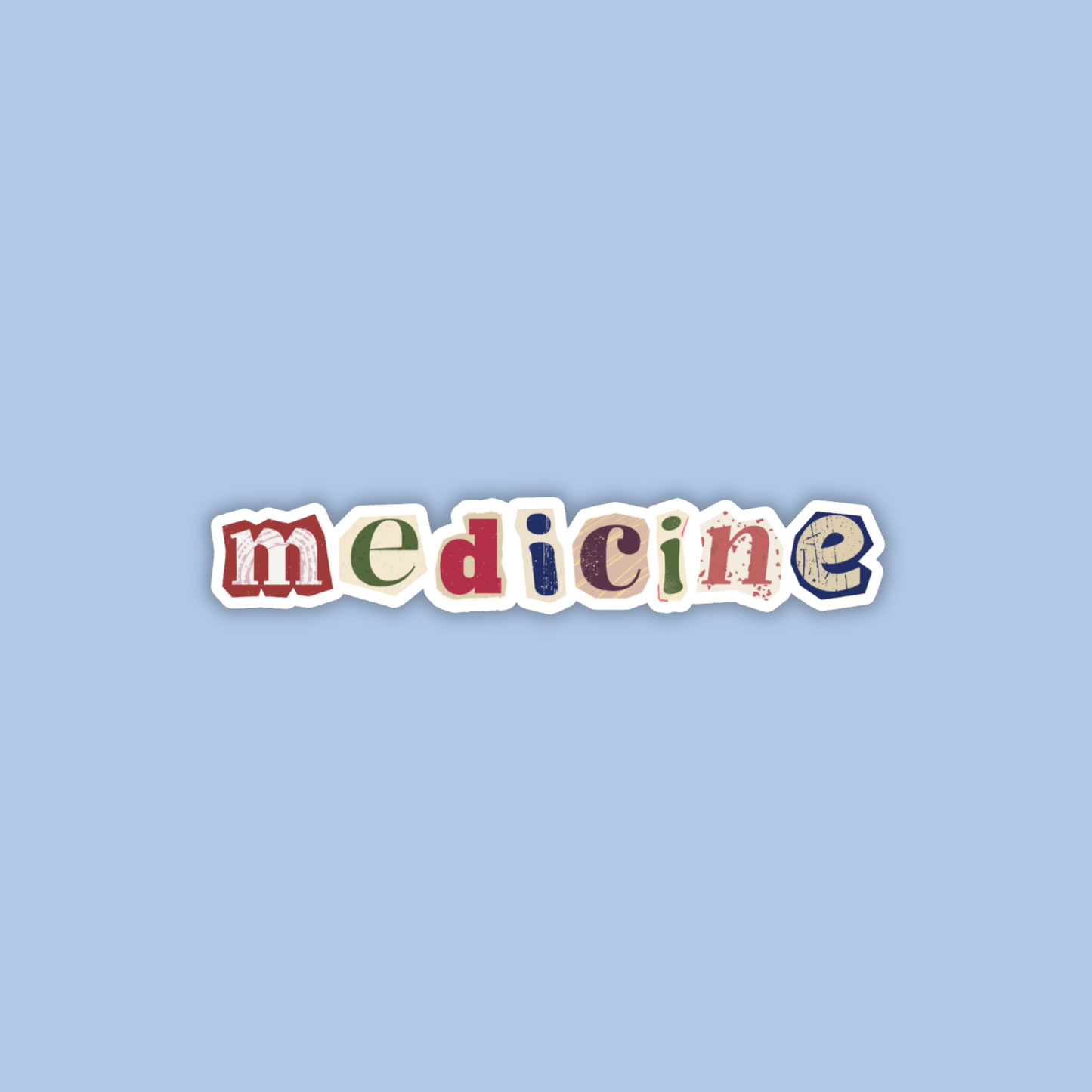Colorful text spelling 'medicine' on a light blue background