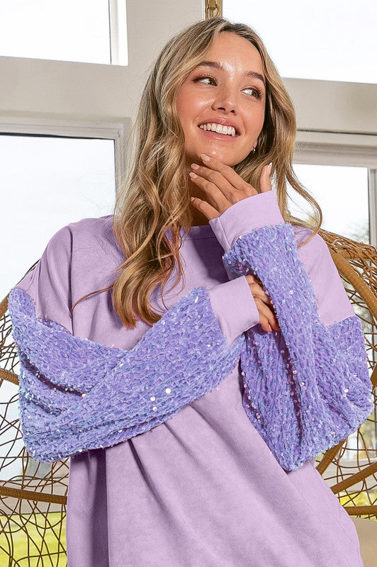 Casual Color Block Periwinkle Sequin Sweater