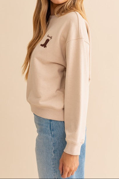 Relaxed & Ready Beige ‘Howdy’ Boot Graphic Crewneck