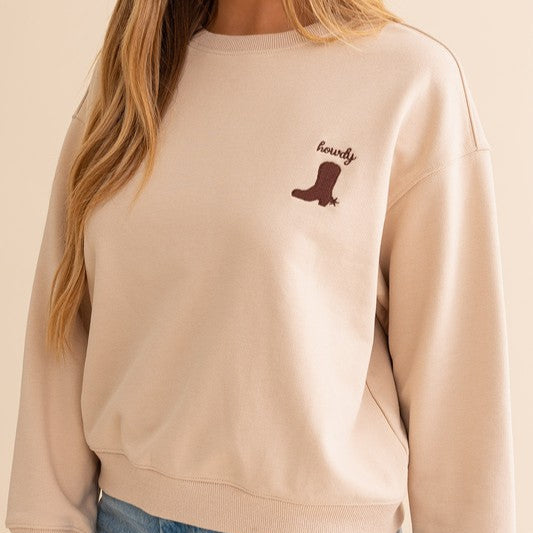 Relaxed & Ready Beige ‘Howdy’ Boot Graphic Crewneck