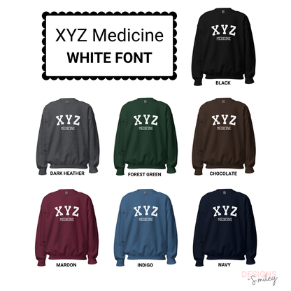 Collection of sweatshirts with 'XYZ Medicine' text in white on various colors.