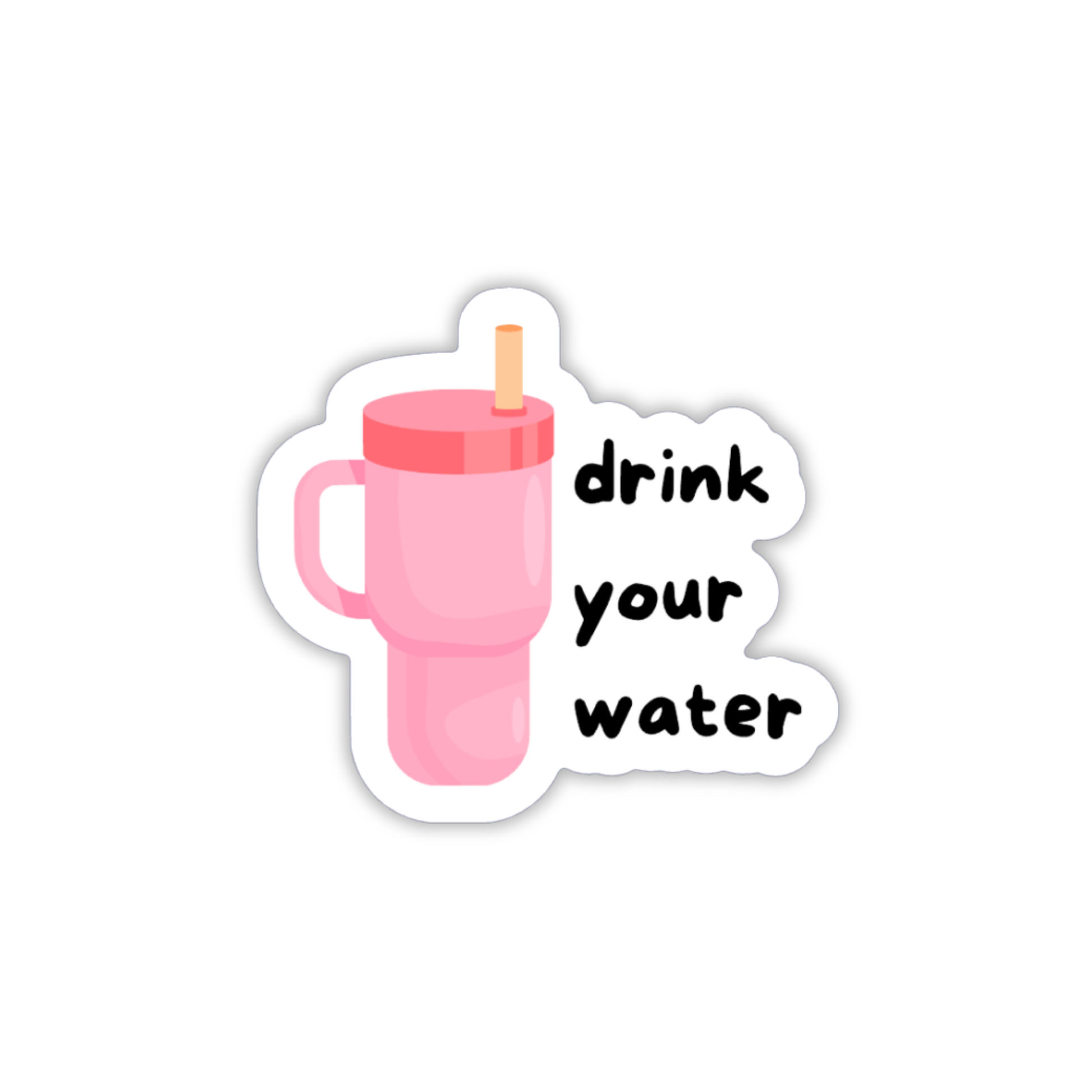 Pink water bottle with straw and 'drink your water' text on a white background