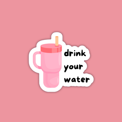 Pink water bottle with straw and 'drink your water' text on a pink background