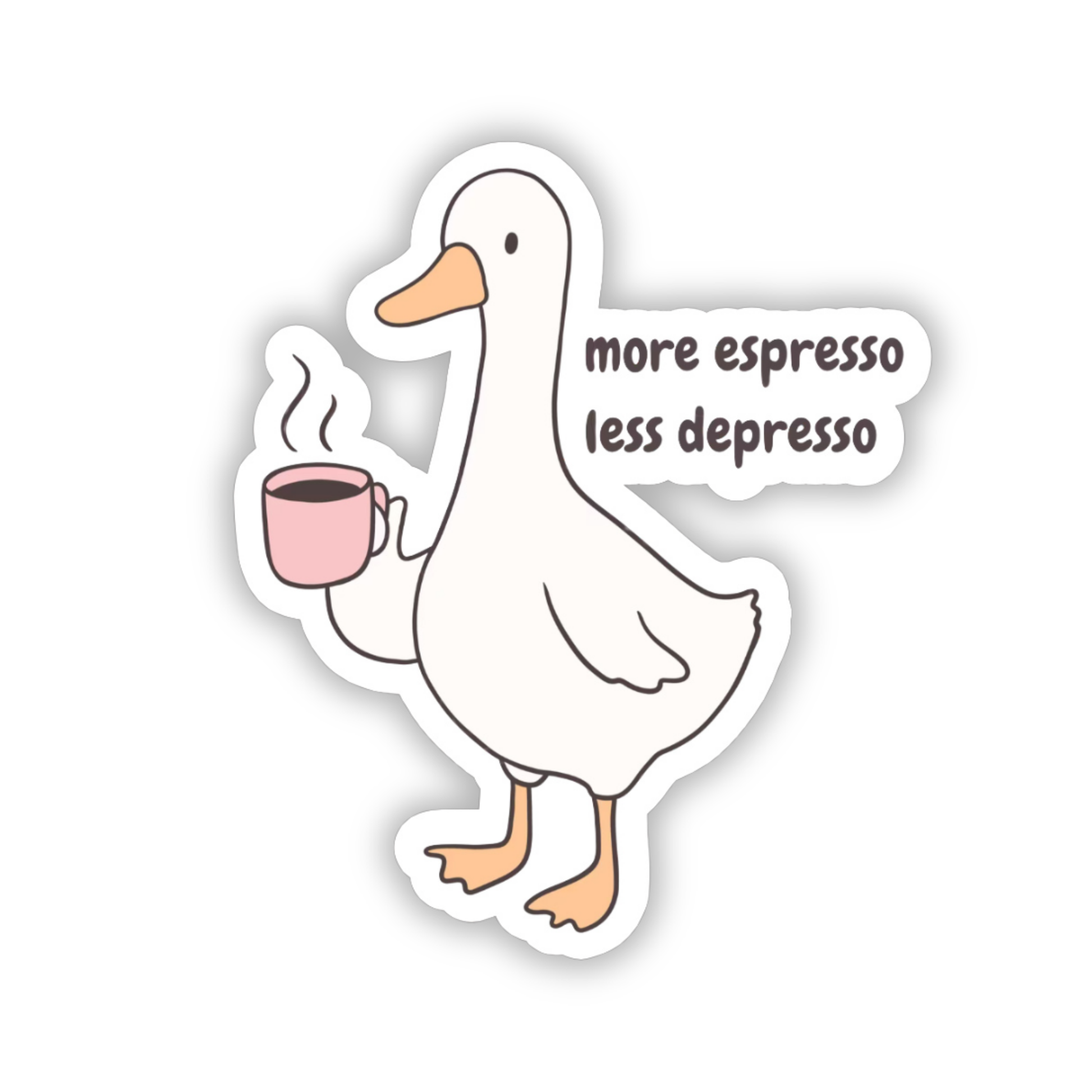 Funny coffee-themed vinyl sticker featuring a cute cartoon goose holding a pink mug of espresso with the text “more espresso less depresso.” Minimal white background with soft pastel tones and cozy aesthetic.