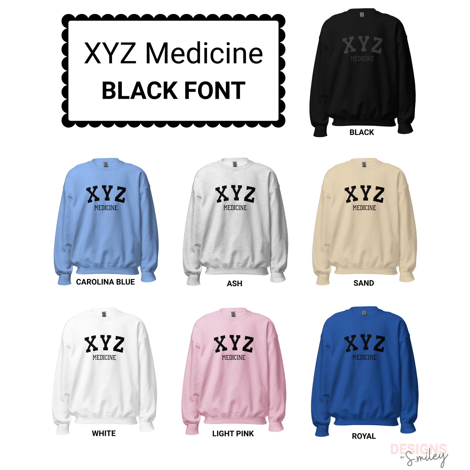 Collection of sweatshirts with 'XYZ Medicine' text in black font on a white background.