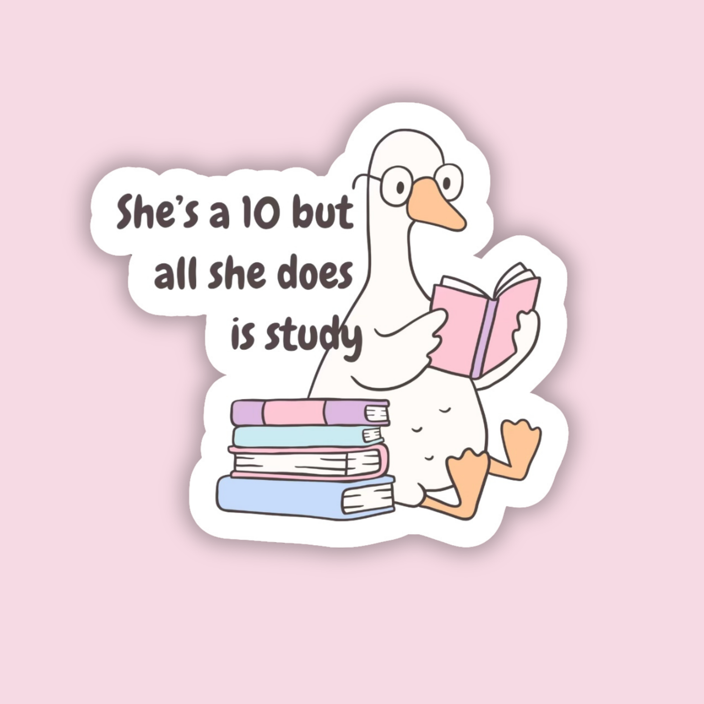 Cute pastel cartoon goose study sticker, waterproof vinyl, featuring stacked books and humorous text “She’s a 10 but all she does is study,” displayed on a pink background.