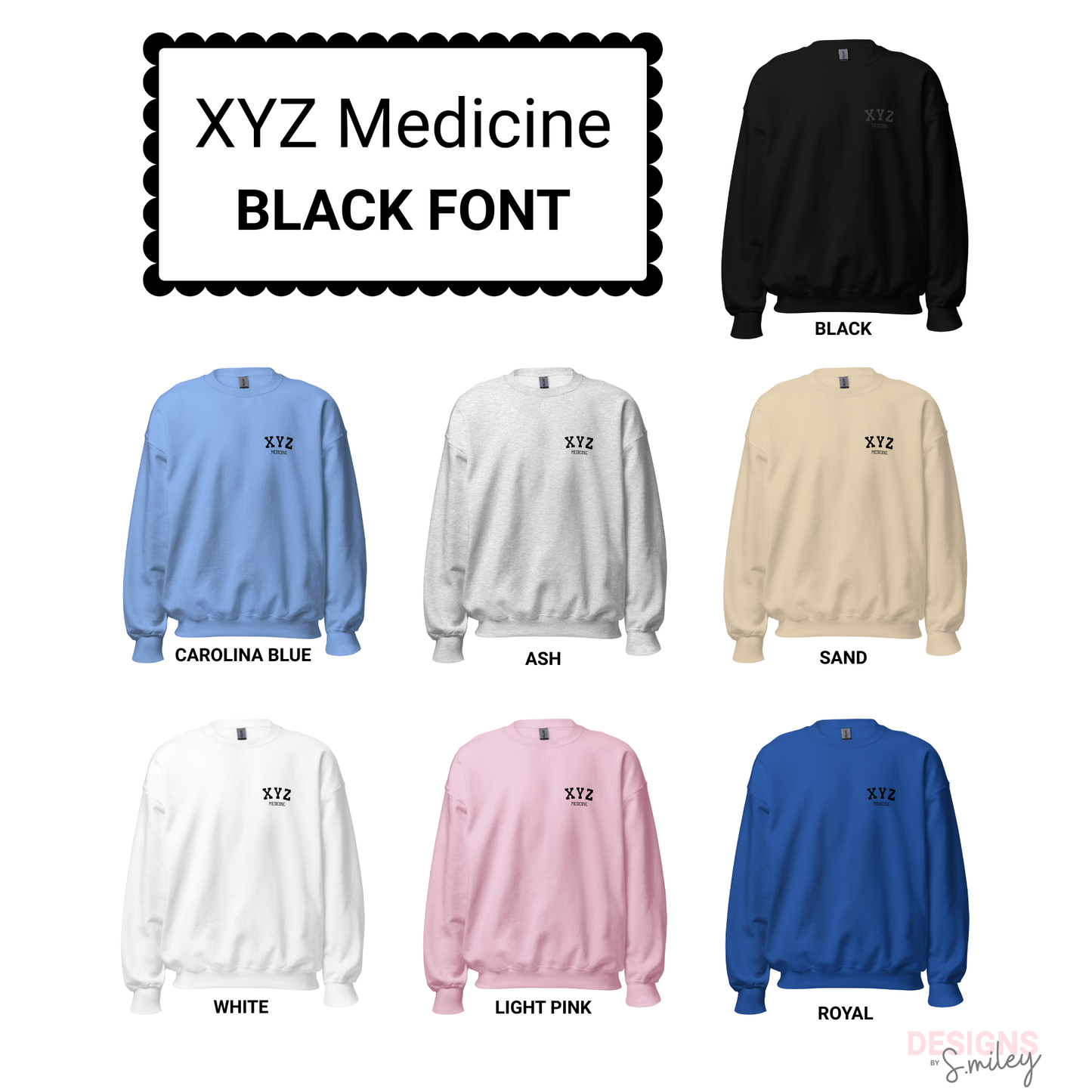 Collection of sweatshirts in various colors with 'XYZ Medicine' branding.