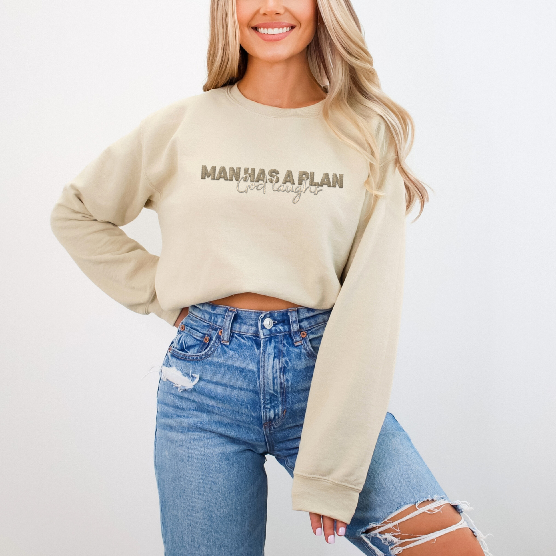 Man Has a Plan, God Laughs Embroidered Crewneck – Faith with a Sense of Humor - Designs by Smiley
