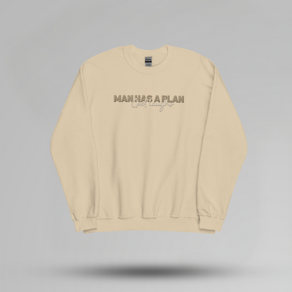 Man Has a Plan, God Laughs Embroidered Crewneck – Faith with a Sense of Humor - Designs by Smiley