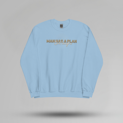 Man Has a Plan, God Laughs Embroidered Crewneck – Faith with a Sense of Humor - Designs by Smiley