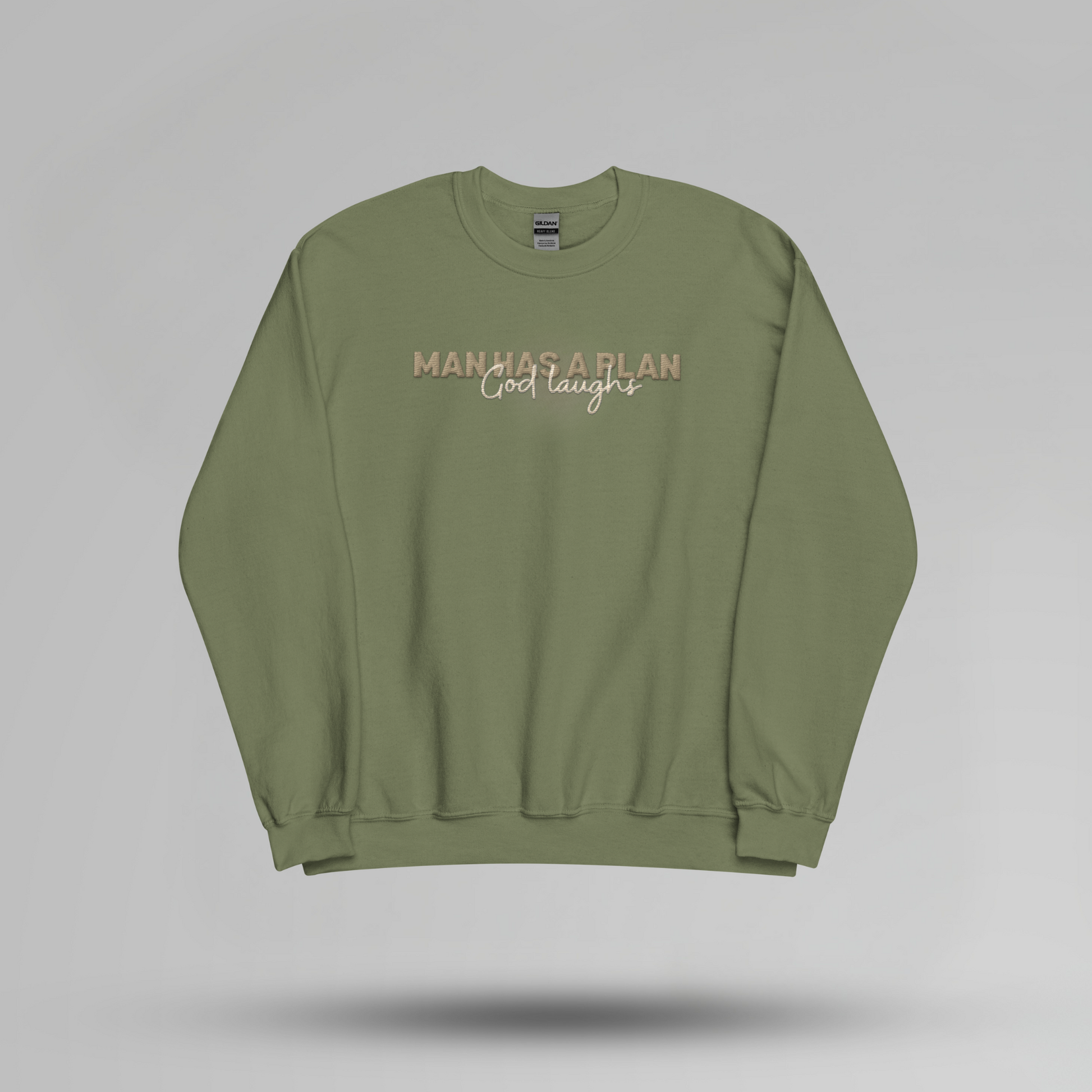 Man Has a Plan, God Laughs Embroidered Crewneck – Faith with a Sense of Humor - Designs by Smiley