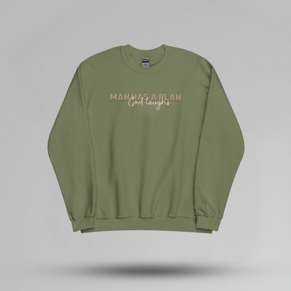 Man Has a Plan, God Laughs Embroidered Crewneck – Faith with a Sense of Humor - Designs by Smiley
