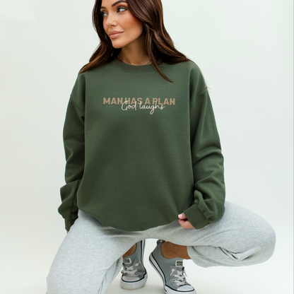 Man Has a Plan, God Laughs Embroidered Crewneck – Faith with a Sense of Humor - Designs by Smiley