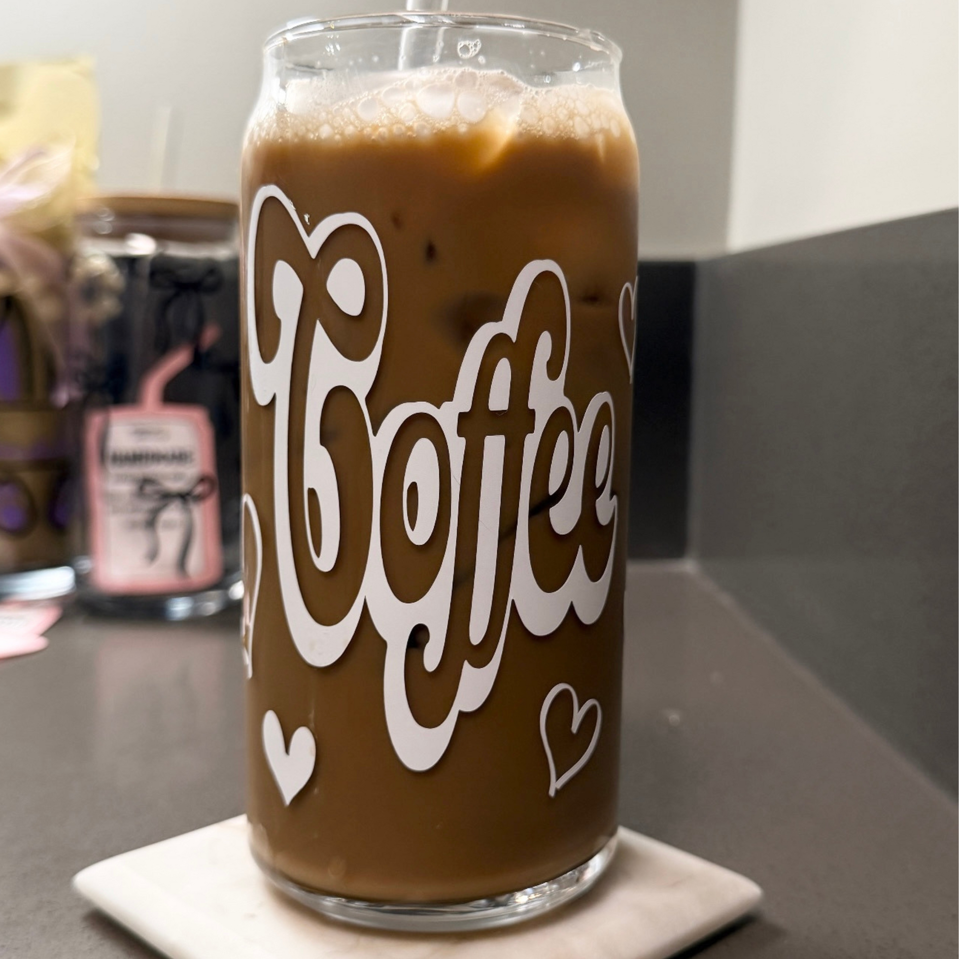 Iced Coffee Bubble Font Glass Tumbler w Bamboo Lid & Straw - Designs by Smiley