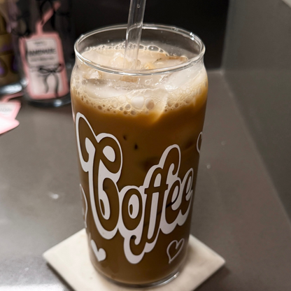 Iced Coffee Bubble Font Glass Tumbler w Bamboo Lid & Straw - Designs by Smiley