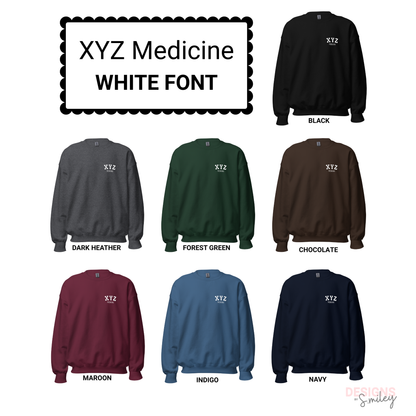 Collection of sweatshirts in various colors with 'XYZ Medicine' text in white font.