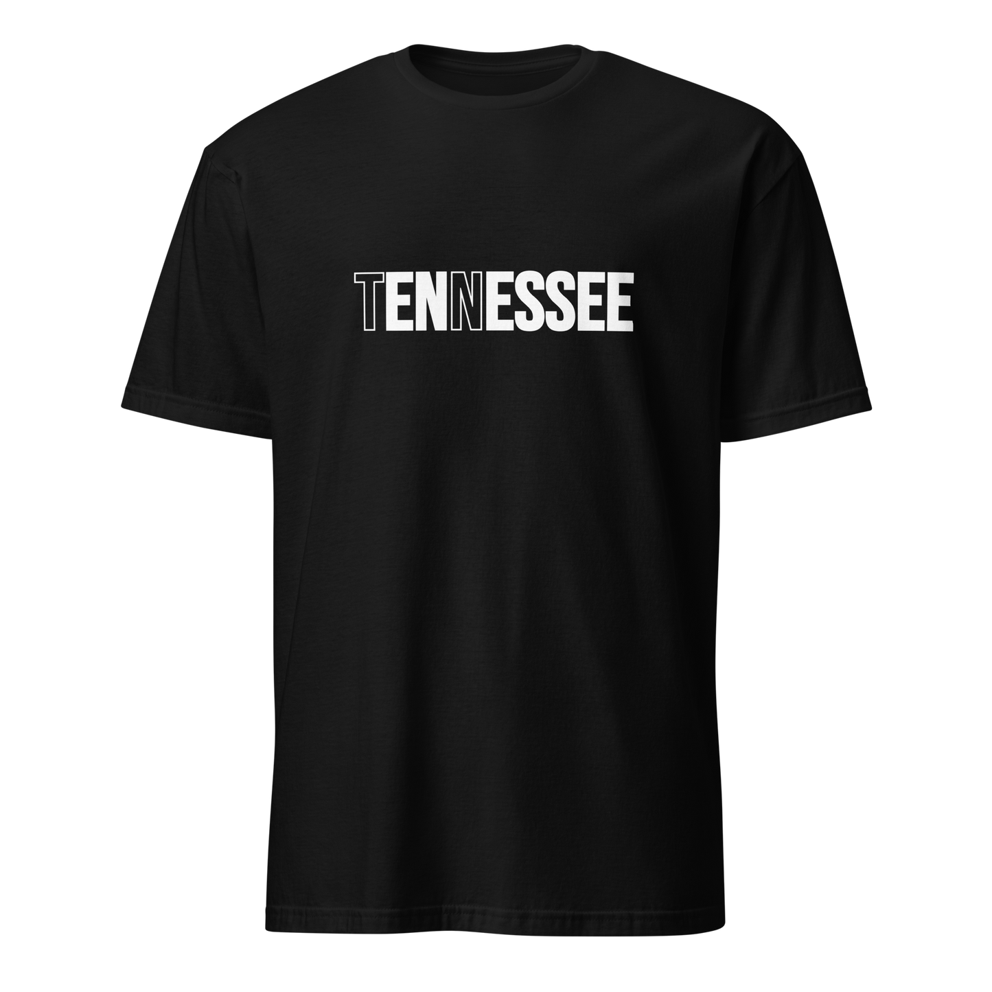Black t-shirt with 'TENNESSEE' printed in white on a white background