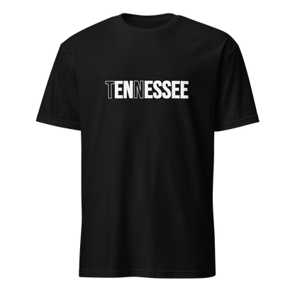 Black t-shirt with 'TENNESSEE' printed in white on a white background