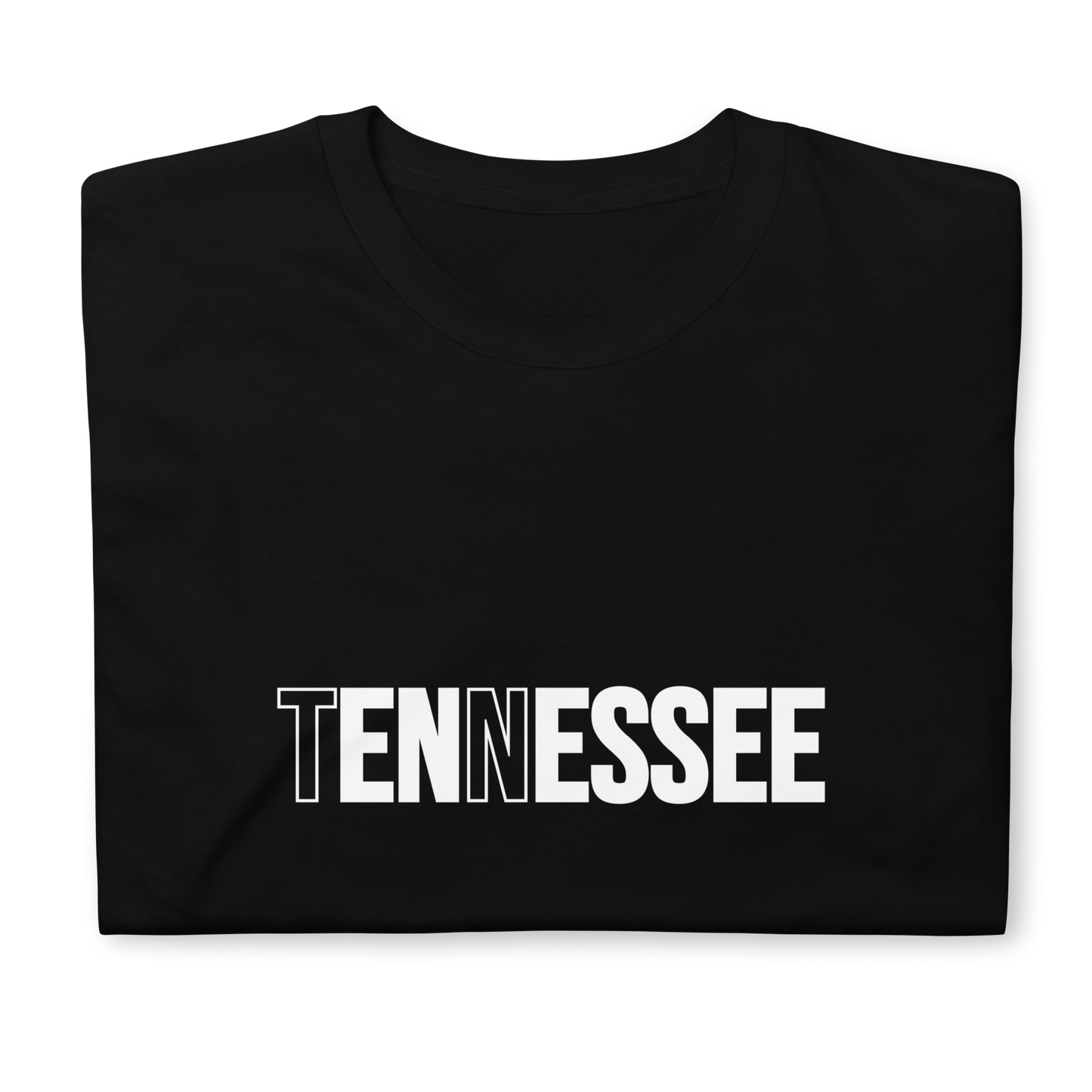 Black t-shirt with 'TENNESSEE' printed in white on a white background