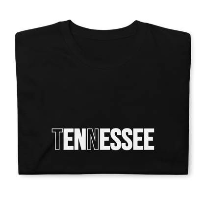 Black t-shirt with 'TENNESSEE' printed in white on a white background