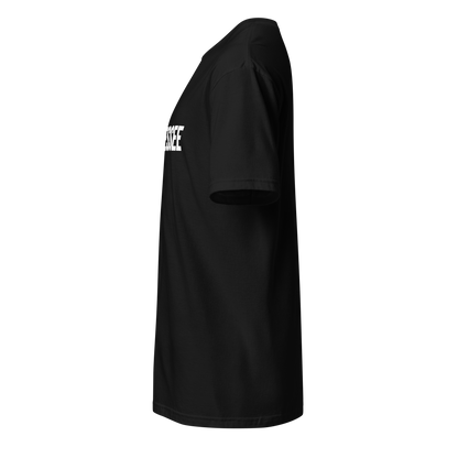 Black t-shirt with white text on a white background