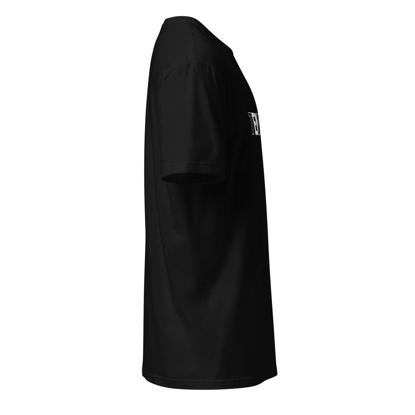 Black t-shirt with a logo on the sleeve against a white background