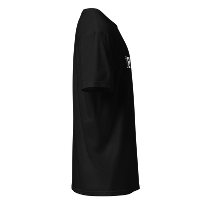 Black t-shirt with a logo on the sleeve against a white background