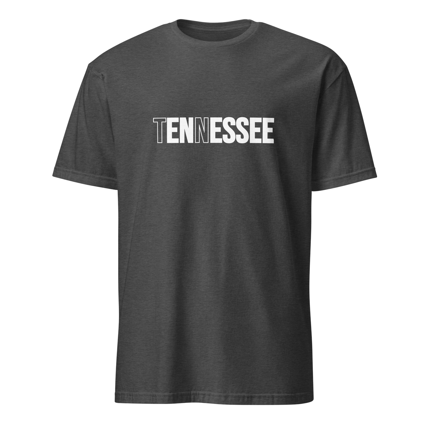 Dark gray t-shirt with 'TENNESSEE' printed in white on a white background