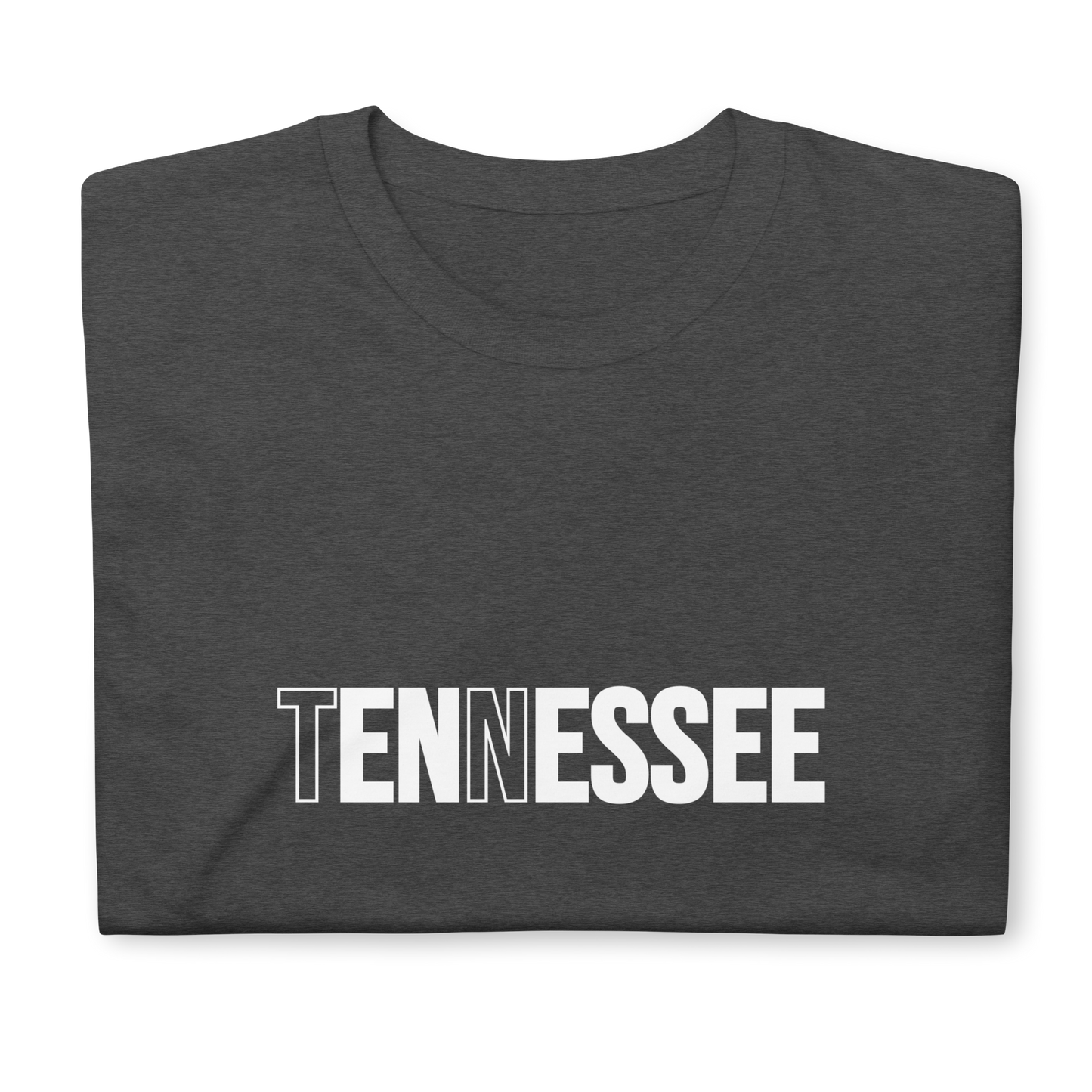 Dark gray t-shirt with 'TENNESSEE' printed in white on a white background