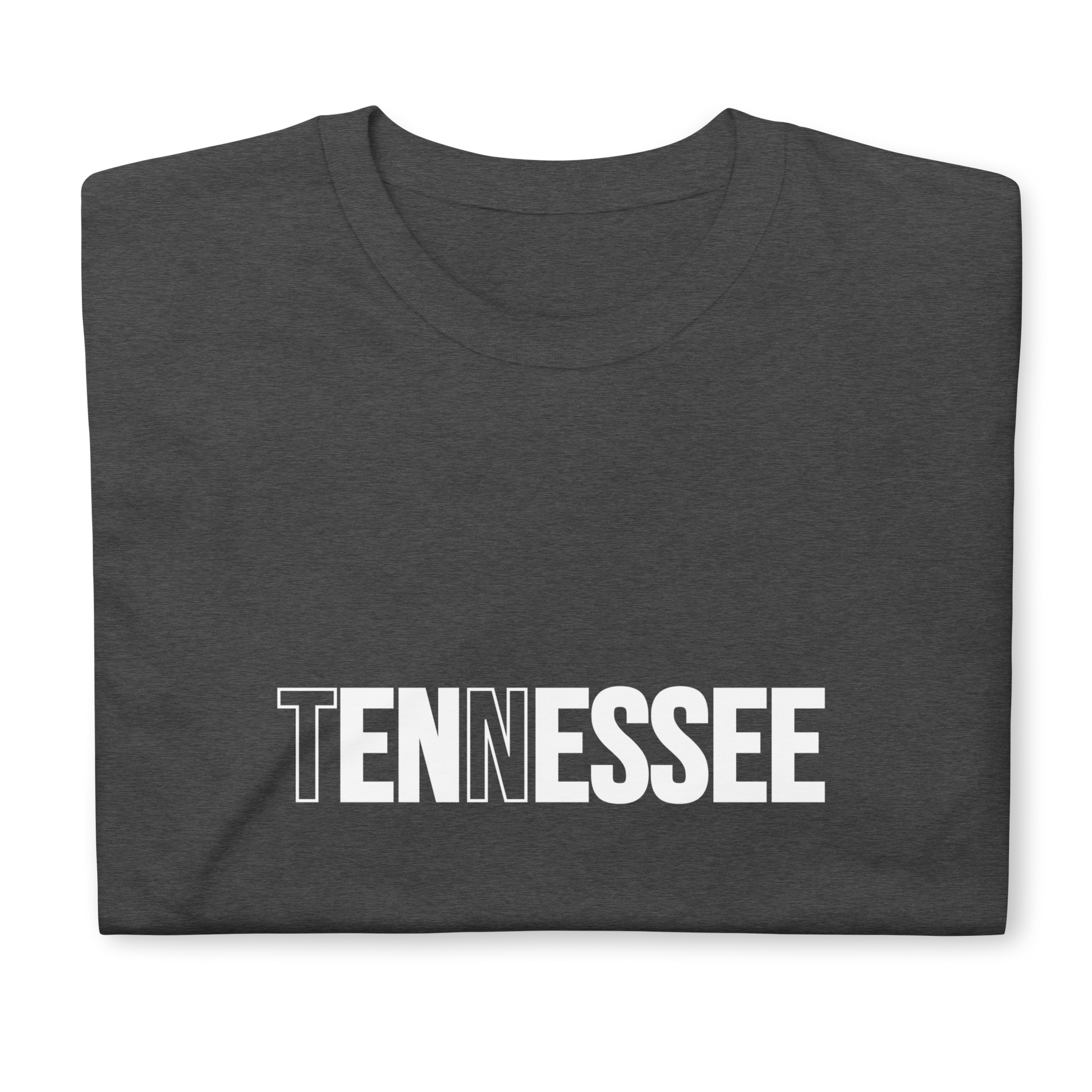 Dark gray t-shirt with 'TENNESSEE' printed in white on a white background