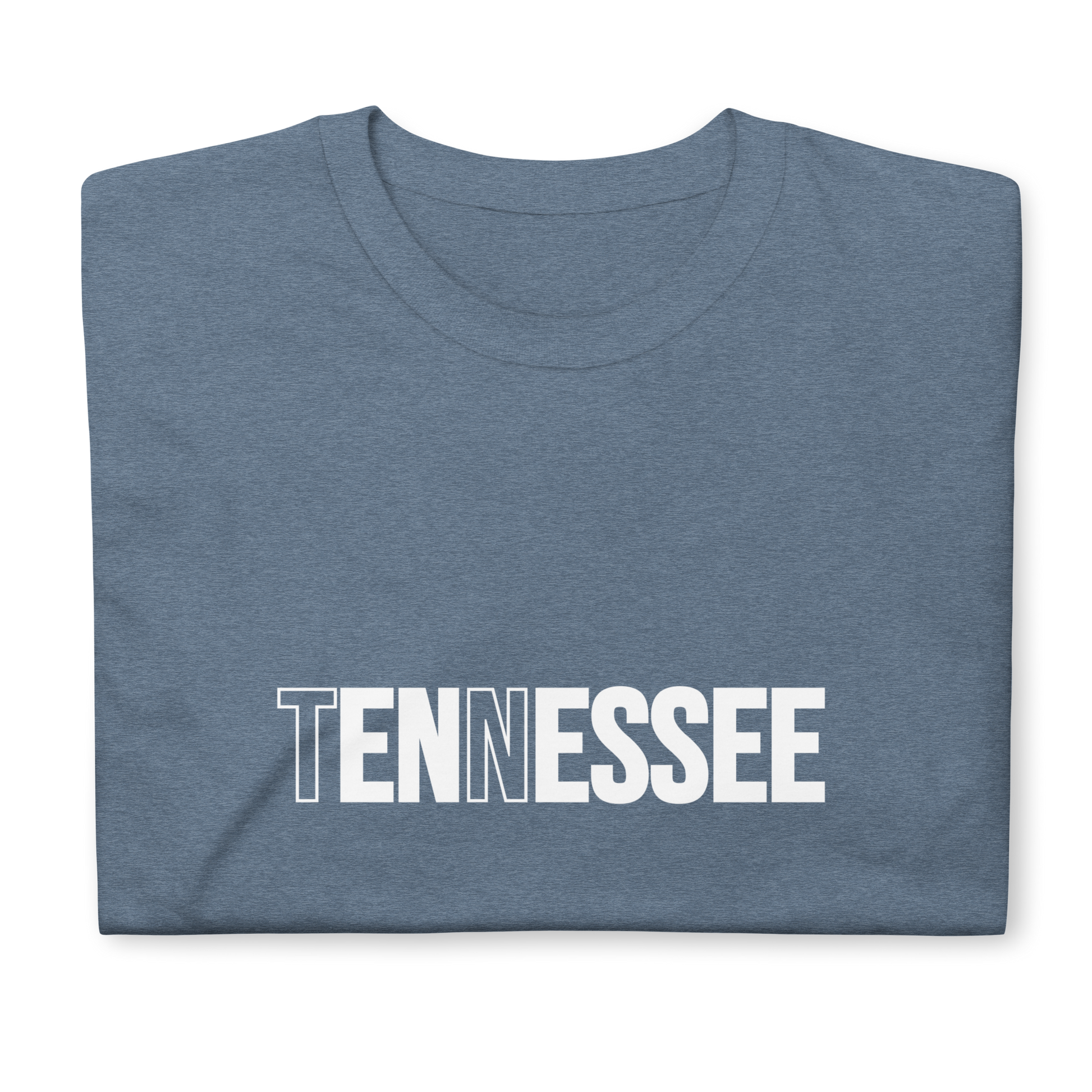 Folded blue t-shirt with 'TENNESSEE' printed on it against a white background