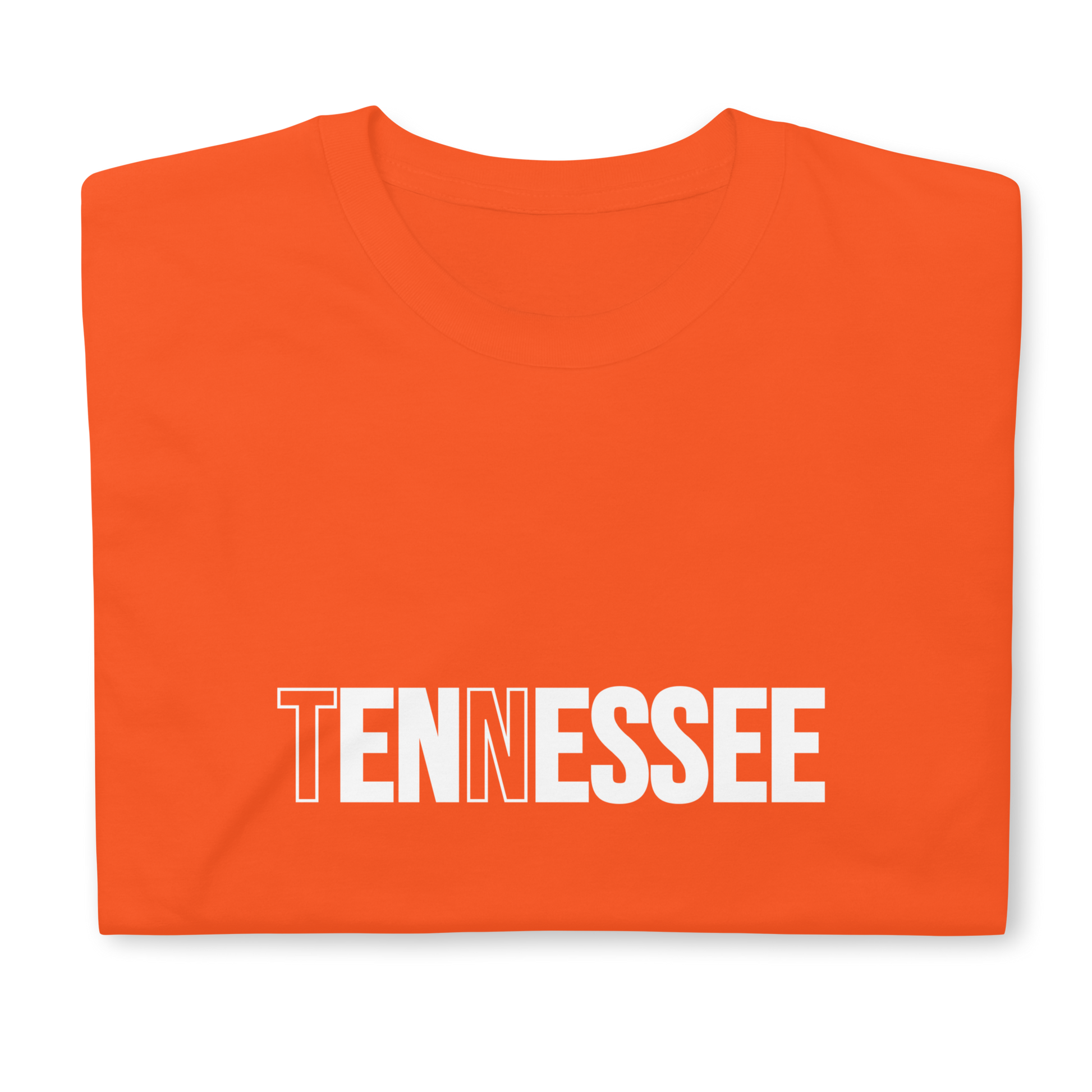 Orange t-shirt with 'TENNESSEE' printed on it against a white background