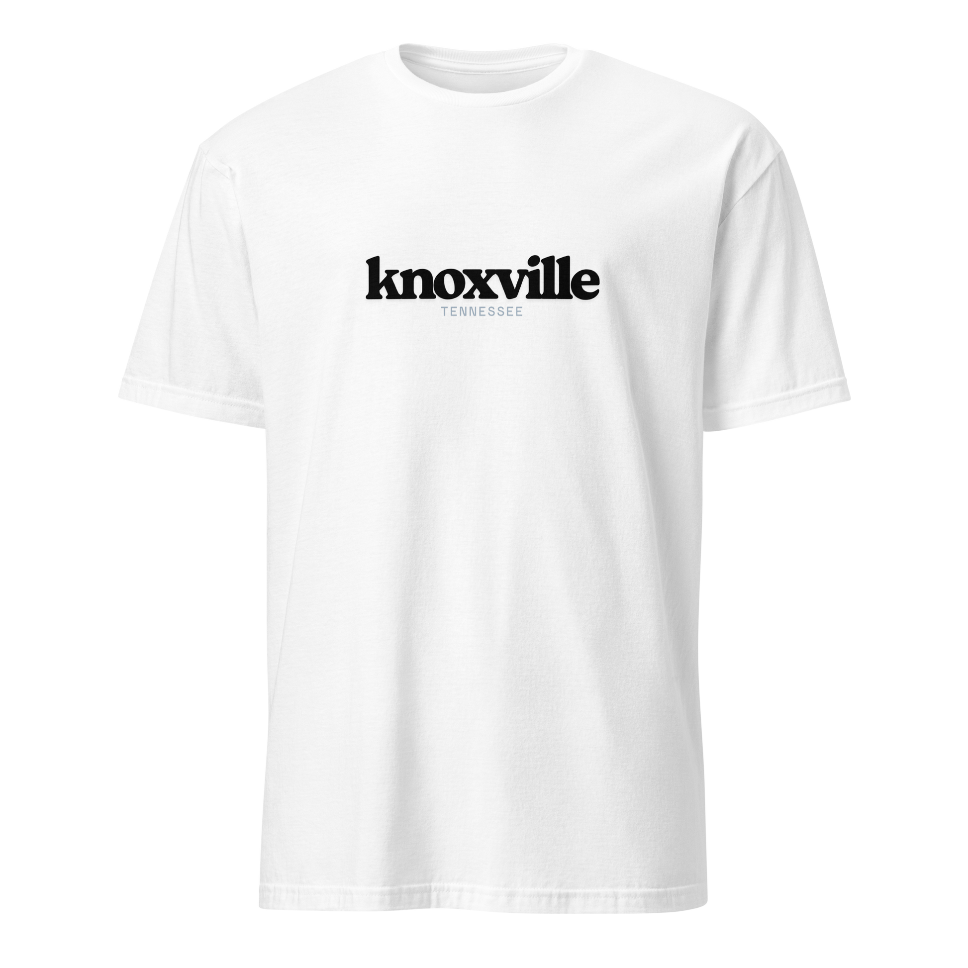 White t-shirt with 'knoxville Tennessee' text on a white background