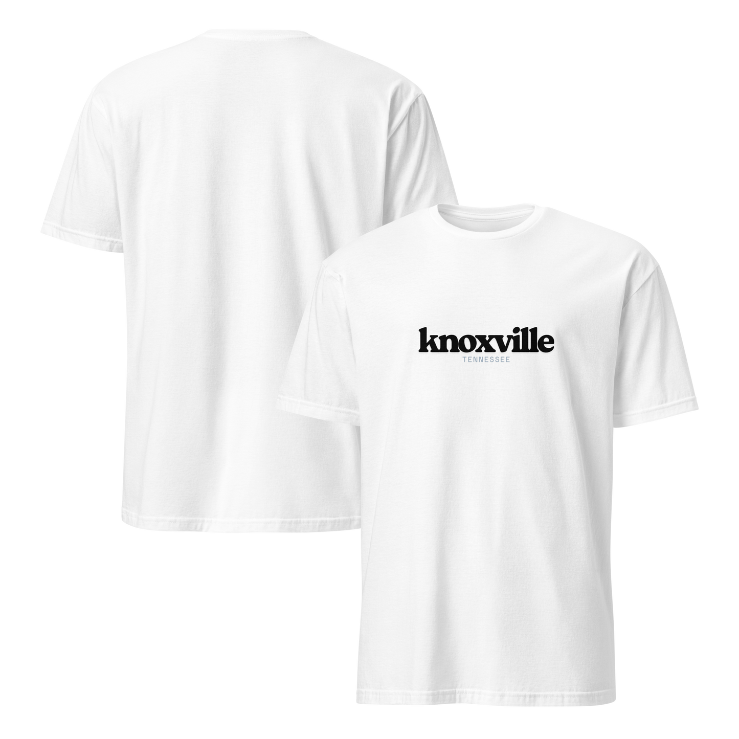 White t-shirt with 'knoxville' printed on it, shown from front and back.