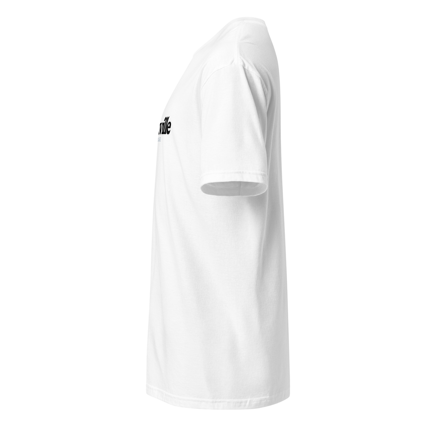 White t-shirt with a logo on the sleeve against a white background
