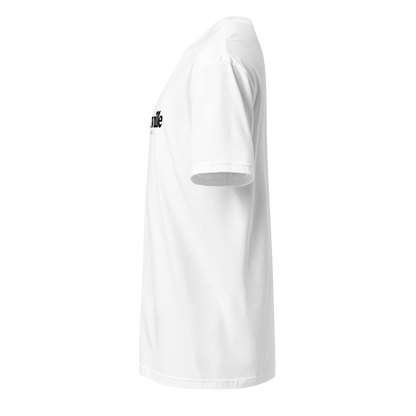 White t-shirt with a logo on the sleeve against a white background