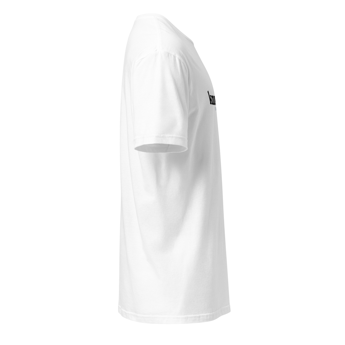 White t-shirt with a small logo on the sleeve against a white background