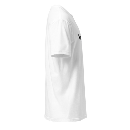 White t-shirt with a small logo on the sleeve against a white background