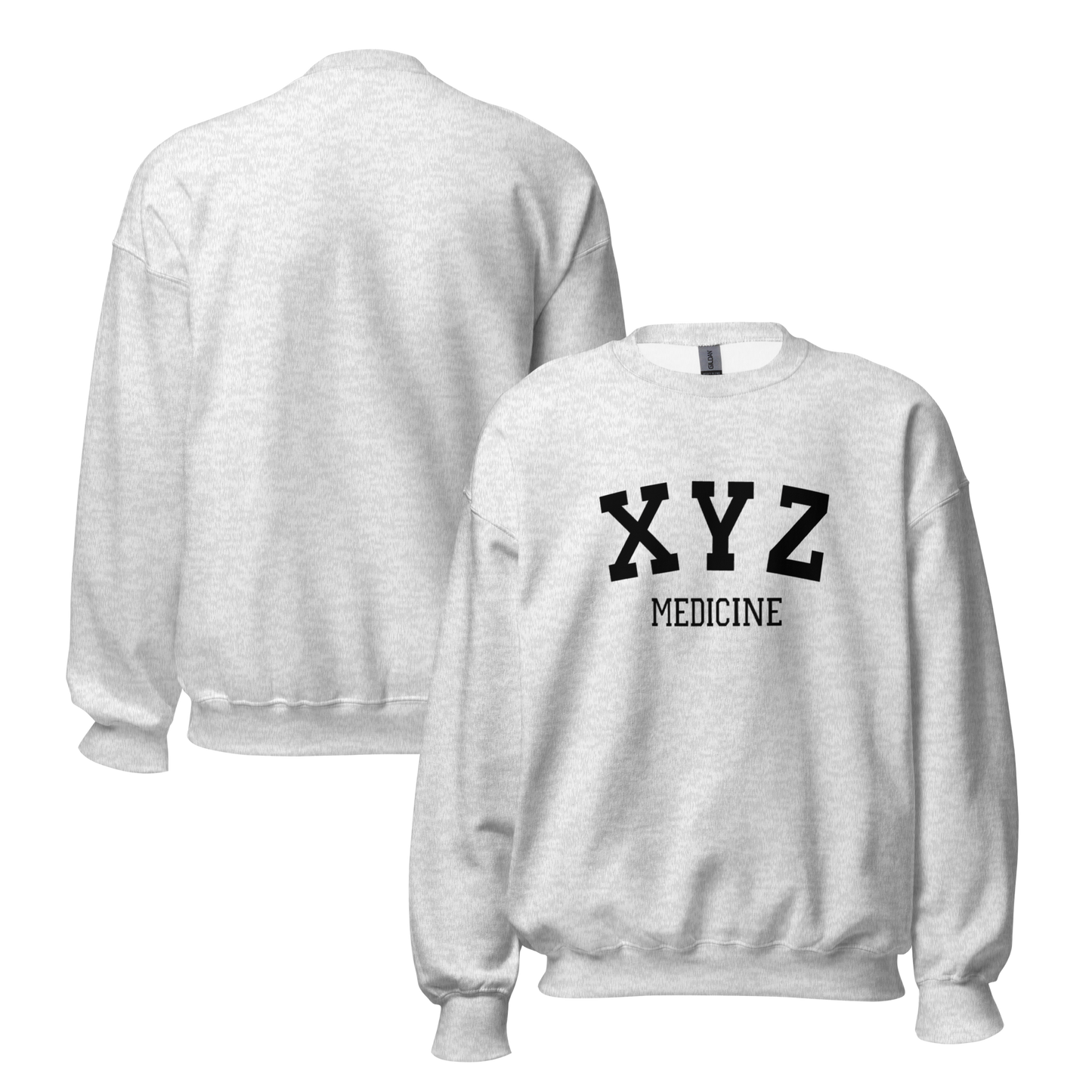 Gray sweatshirt with 'XYZ Medicine' text on a white background