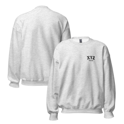 Gray sweatshirt with 'XYZ' logo on the chest, shown from front and back on a white background.