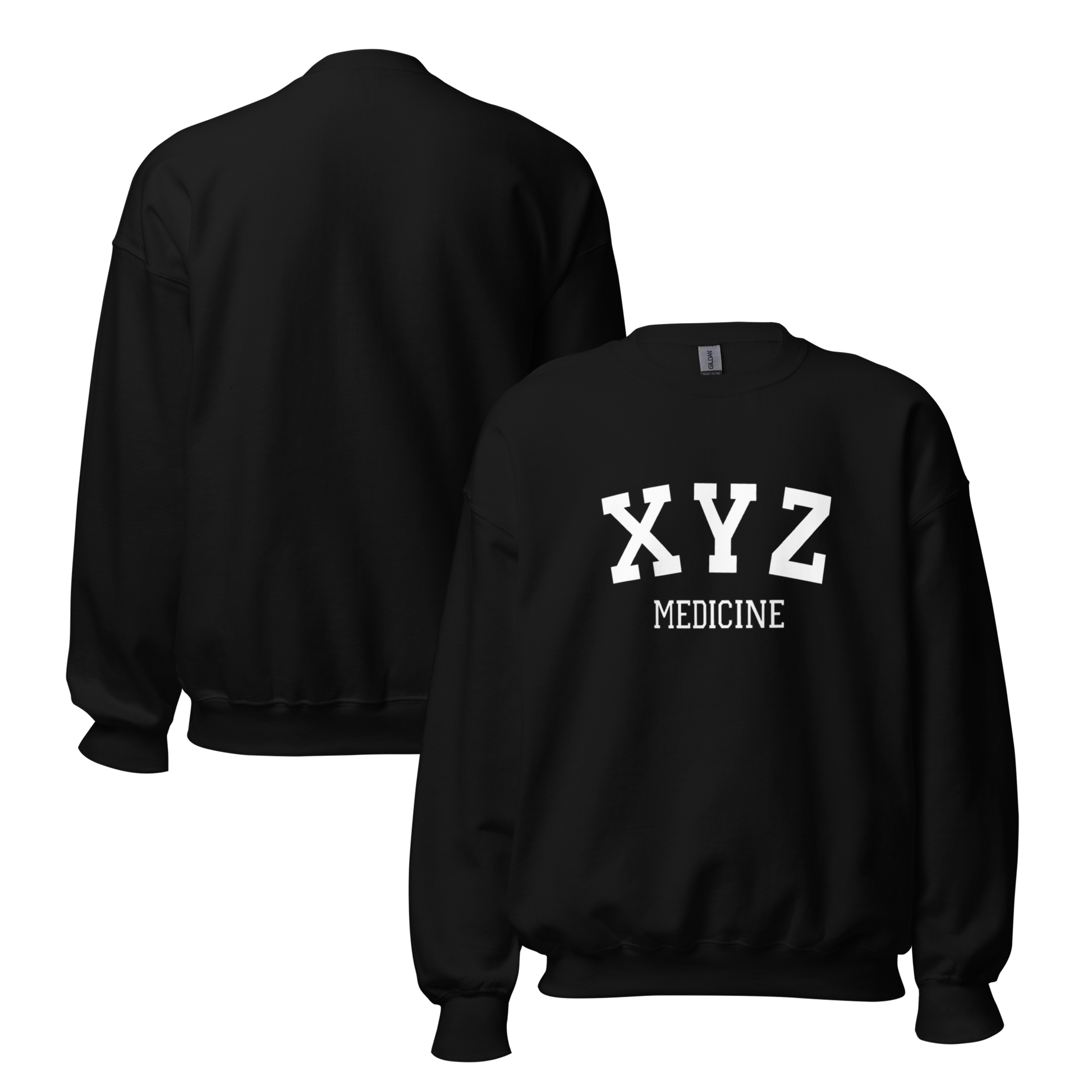 Black sweatshirt with 'XYZ MEDICINE' text on a white background