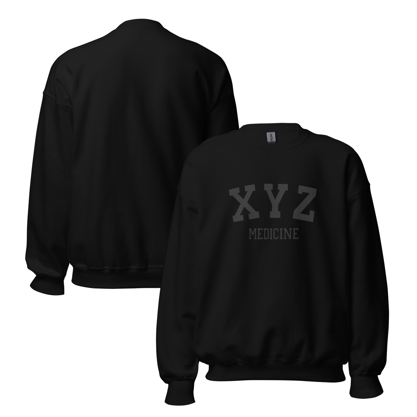 Black sweatshirt with 'XYZ MEDICINE' text on a white background