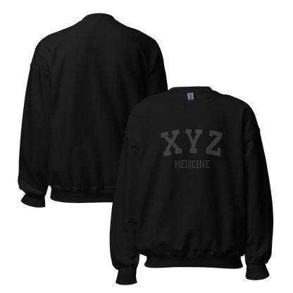Black sweatshirt with 'XYZ MEDICINE' text on a white background