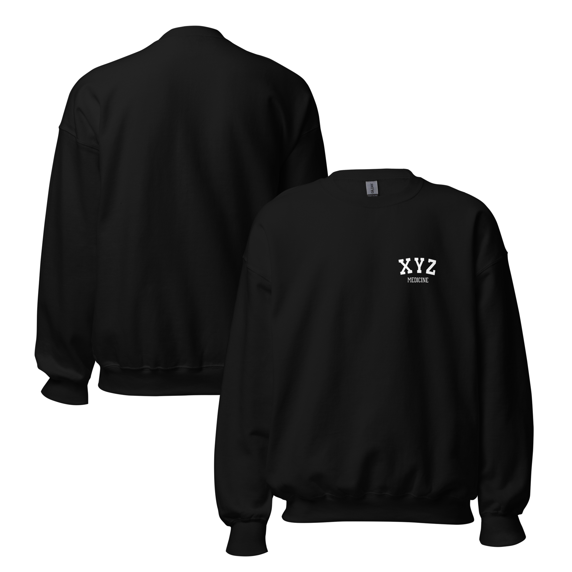 Black sweatshirt with 'XYZ' logo on the chest, shown from front and back views.